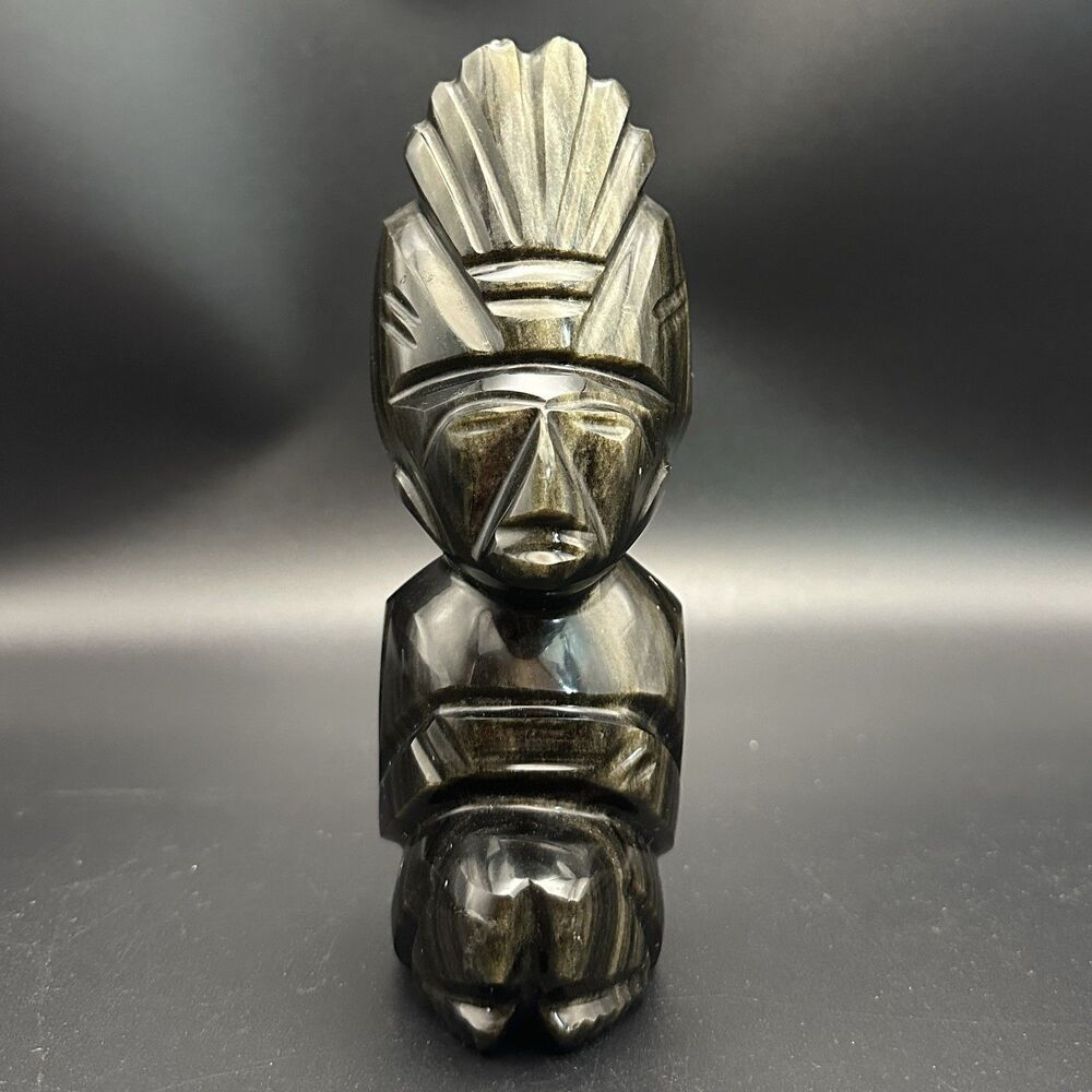 Gold Sheen Obsidian Mayan Warrior Statue Carved Stone Sculpture 6.5” Vintage